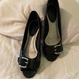 Open toe black flats with buckle 8.5